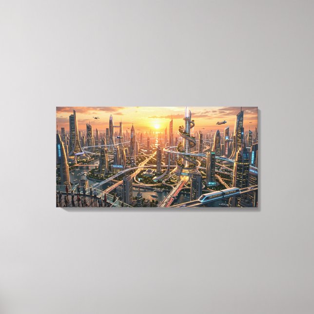 Golden Hour Futuristic Cityscape – Sci-Fi Canvas Print (Front)