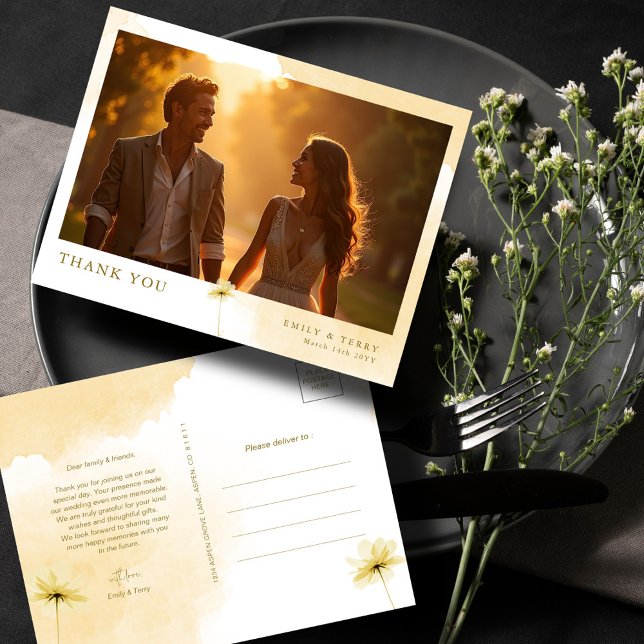 Golden Hour Grace & Floral Wedding Photo Thank you Postcard (Creator Uploaded)