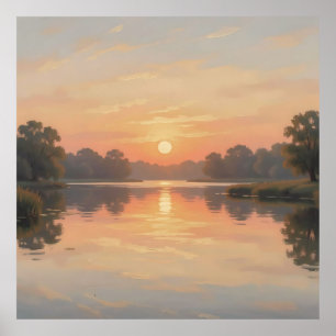 Golden Hour Lake Reflection Impressionist Poster