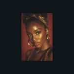 Golden Hour Melanin Beauty Headwrap Portrait Canvas Print<br><div class="desc">Golden-hour light bathes rich brown skin in a warm, luminous glow, accentuating sharp cheekbones, glossy lips, and piercing eyes framed by natural lashes. A vibrant red-gold patterned headwrap crowns her head in elegant volume, while large hammered gold hoops add timeless shine against a solid burnt-orange backdrop. The intimate close-up radiates...</div>