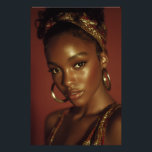 Golden Hour Melanin Beauty Headwrap Portrait Photo Print<br><div class="desc">Golden-hour light bathes rich brown skin in a warm, luminous glow, accentuating sharp cheekbones, glossy lips, and piercing eyes framed by natural lashes. A vibrant red-gold patterned headwrap crowns her head in elegant volume, while large hammered gold hoops add timeless shine against a solid burnt-orange backdrop. The intimate close-up radiates...</div>