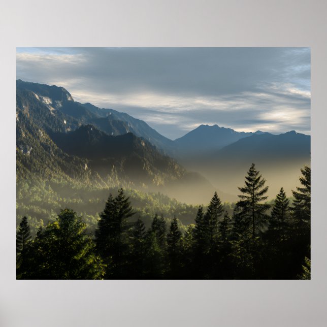 Golden Hour Misty Peaks Evergreen Forest Art Poster (Front)