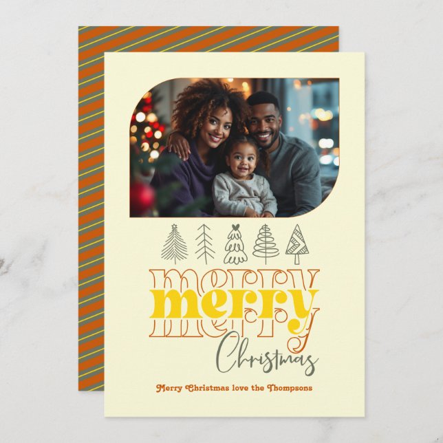 Golden Hour Modern Retro Doodle Christmas Photo Holiday Card (Front/Back)