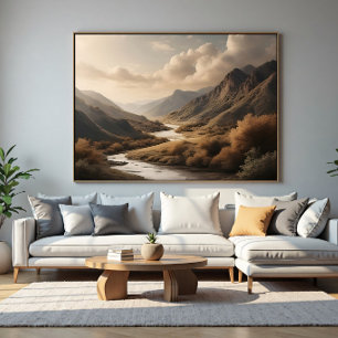 Golden Hour Mountain River Valley Landscape Poster