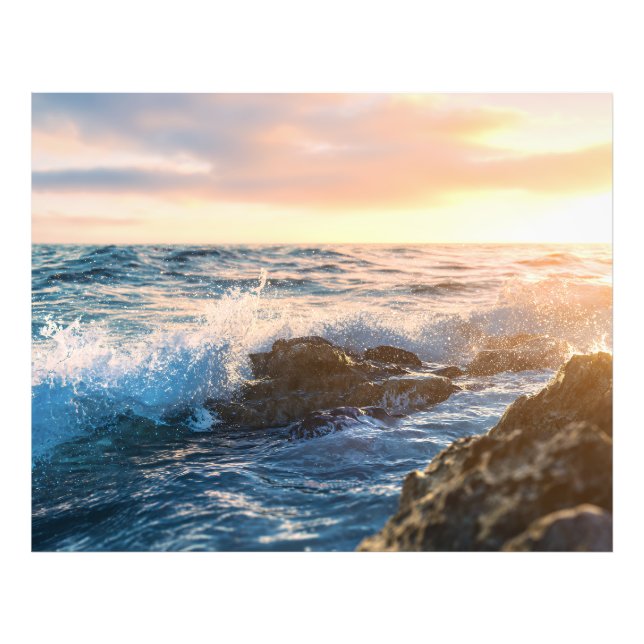 Golden Hour Ocean Waves Crashing on Rocks Sunset Photo Print (Front)