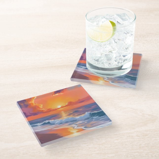 Golden Hour Orange Sunset Beach Ocean Painting Art Glass Coaster (Angled)