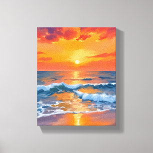 Golden Hour Sunset Ocean Beach Painting Canvas Print