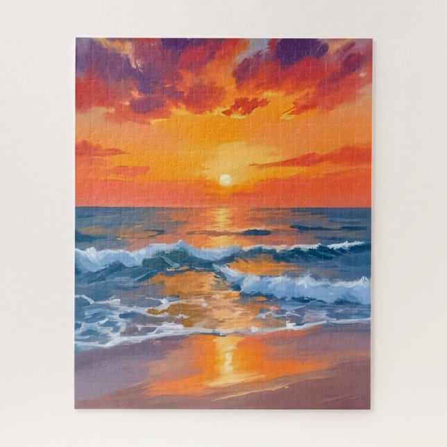 Golden Hour Sunset Ocean Beach Painting Jigsaw Puzzle (Vertical)