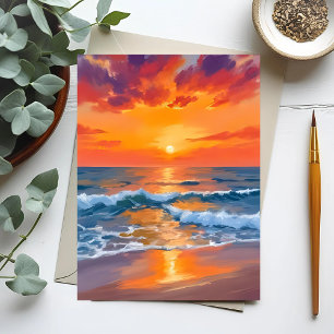 Golden Hour Sunset Ocean Beach Painting Postcard