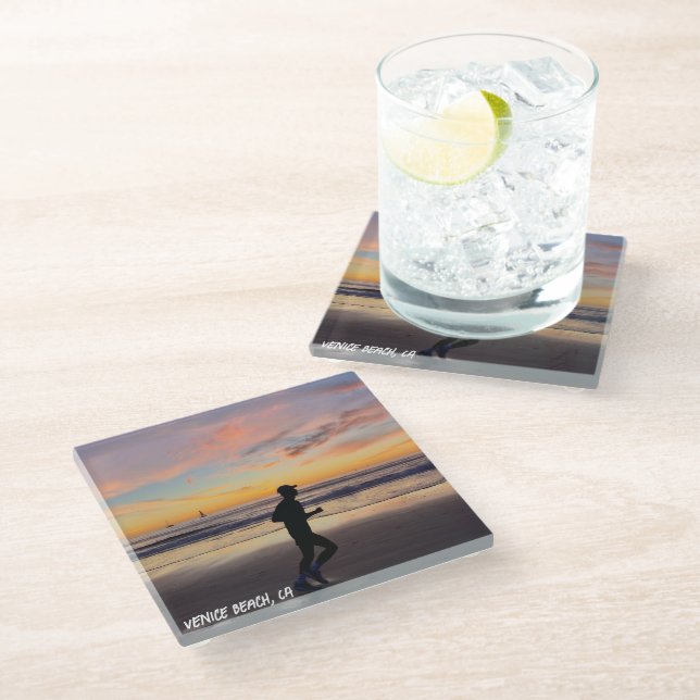 Golden Hour Sunset - Venice Beach, CA  Glass Coaster (Angled)
