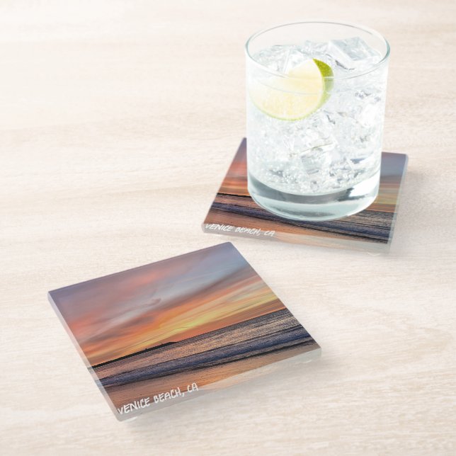 Golden Hour Sunset - Venice Beach, CA Glass Coaster (Angled)
