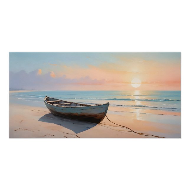 Golden Hour Tranquil Beach with Boat Coastal Poster (Front)