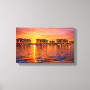 Golden Hour Waterfront Cityscape Print   Sunset Ma