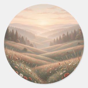Golden Hour Wildflower Meadow Rolling Hills Sunset Classic Round Sticker
