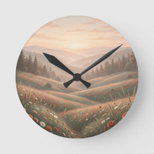 Golden Hour Wildflower Meadow Rolling Hills Sunset Round Clock