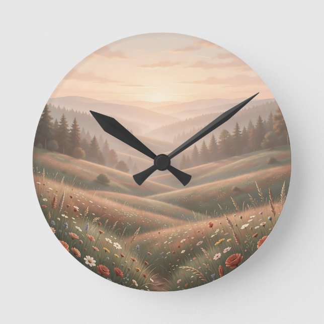 Golden Hour Wildflower Meadow Rolling Hills Sunset Round Clock (Front)