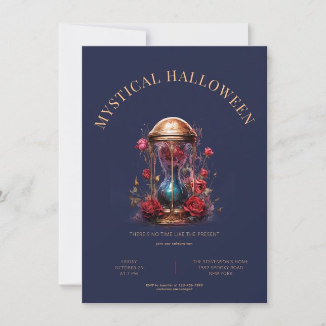 Golden hourglass with roses, simple & modern invitation (Front)