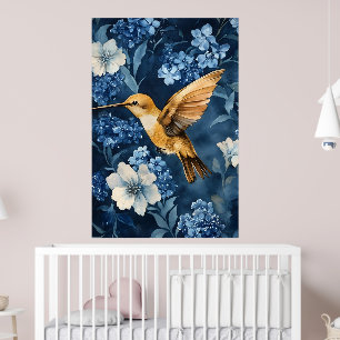 golden hummingbird flying amidst blue and white poster