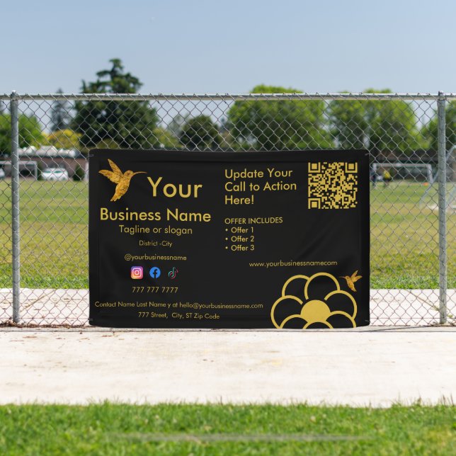Golden Hummingbird Logo QR Code Black Business Banner (Insitu)