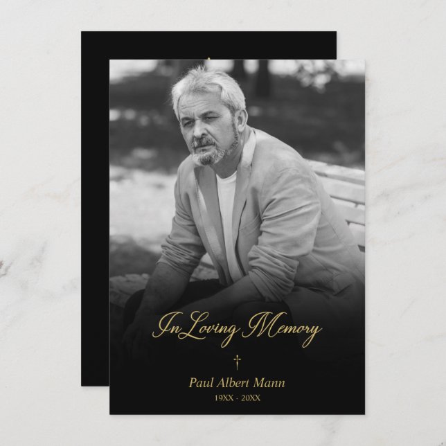 Golden In Loving Memory BW Photo Funeral Service Card (Front/Back)