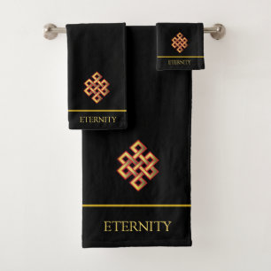 Golden Infinity Knot & Editable Text on Black Bath Towel Set