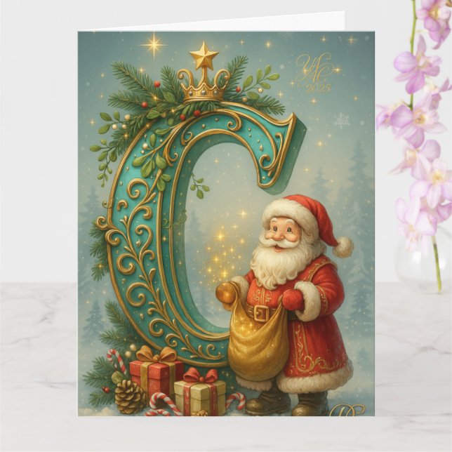 Golden Initial C with Santa Claus and Crown Card (Orchid)
