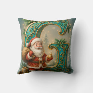 Golden Initial G with Santa Claus and Crown Cushion