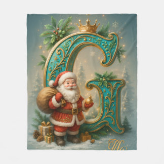Golden Initial G with Santa Claus and Crown Fleece Blanket