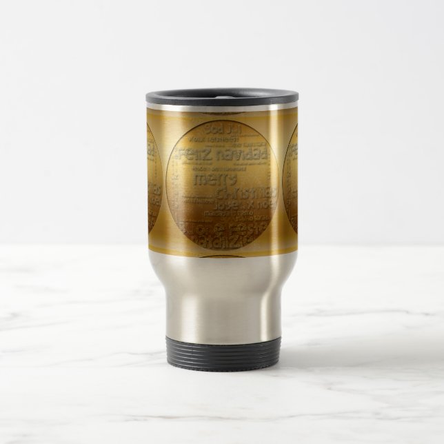 Golden International Christmas Greeting Travel Mug (Center)