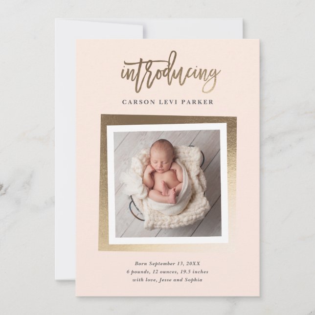 Golden intro faux foil photo birth announcement (Front)