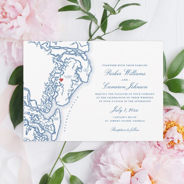 Golden Isles Georgia Map Elegant Navy Blue Wedding Invitation (Golden Isles of Georgia map wedding invitation with a heart over St. Simons Island)