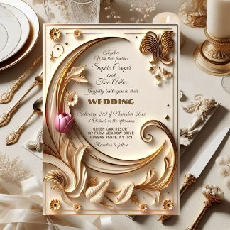 Golden Ivory Baroque Asymmetric Crescent Wedding  Invitation