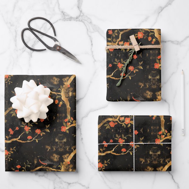 Golden Japanese-inspired Blossom Wrapping Paper Sheet (Front)