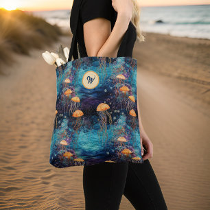 Golden Jellyfish in Teal Ocean w Monogram Initial Tote Bag