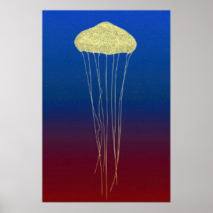 Golden Jellyfish Stipple Print - Neon Synthwave
