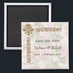 Golden Jewelled Floral Wedding Save the Date Magnet<br><div class="desc">A decorative and elegant save the date magnet, featuring a soft floral pattern in pastel hues in the background, with an ornamental golden frame on the top left side, with a gold and emerald jewel. This pretty wedding memento is part of a larger set of wedding stationery and matching favours,...</div>