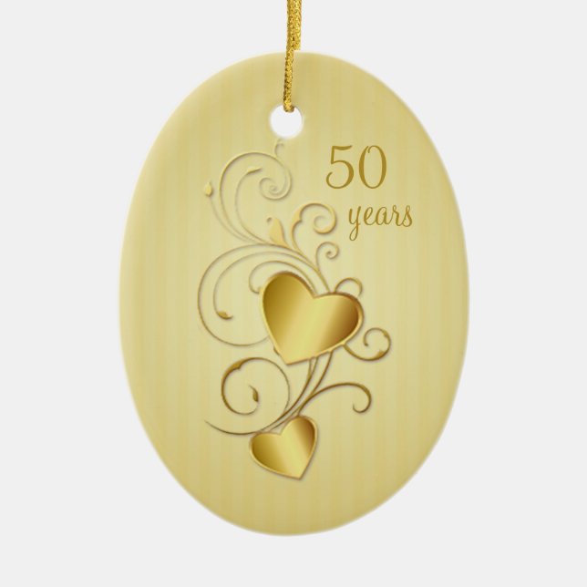 Golden joined hearts 50th Wedding Anniversary Ceramic Tree Decoration (Front)