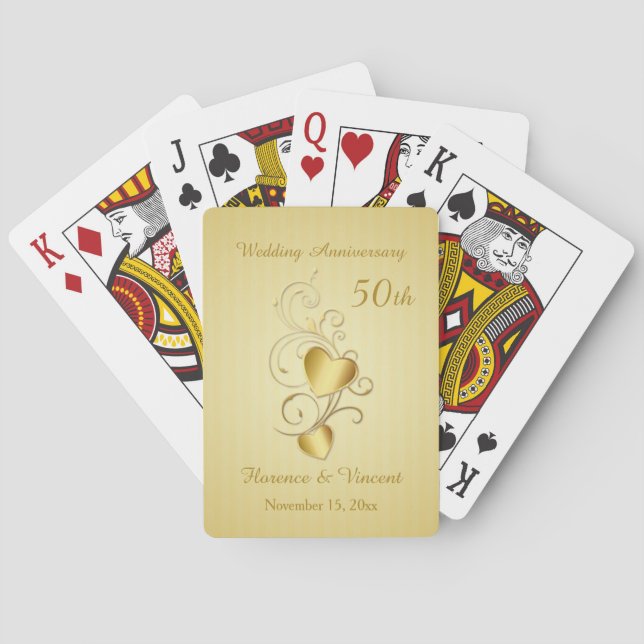 Golden joined hearts 50th Wedding Anniversary Playing Cards (Back)
