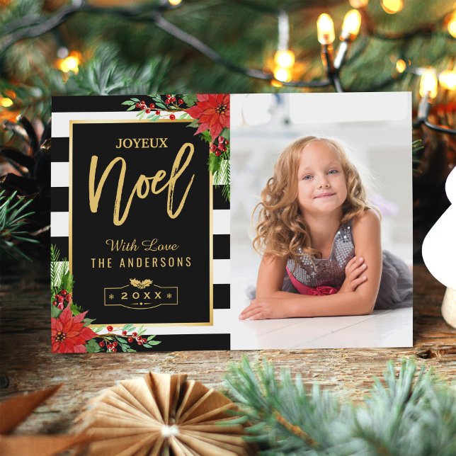 Golden Joyeux Noel Merry Christmas Floral Photo Holiday Card (Creator Uploaded)