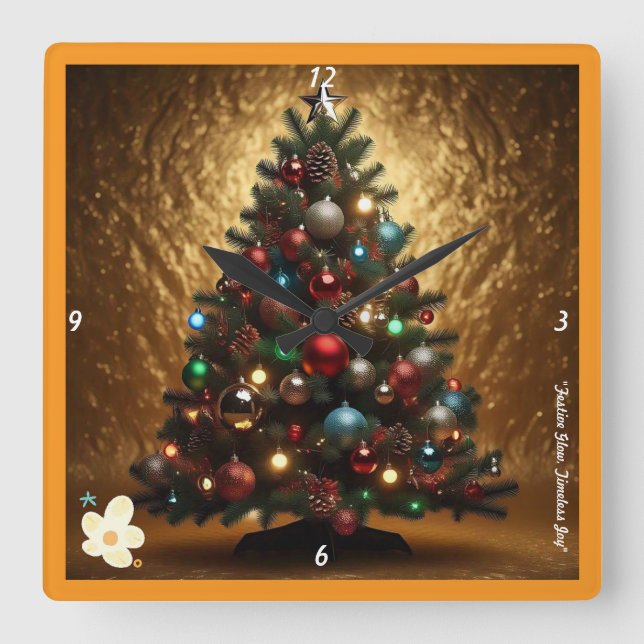 "Golden Joyful Christmas" Square Wall Clock (Front)