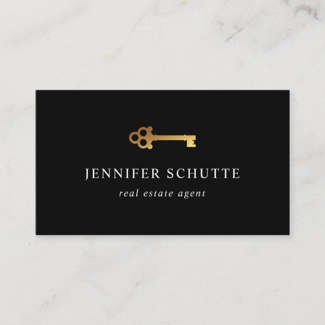 Golden Key Luxury Black & Gold Real Estate Agent Business Card (Front)