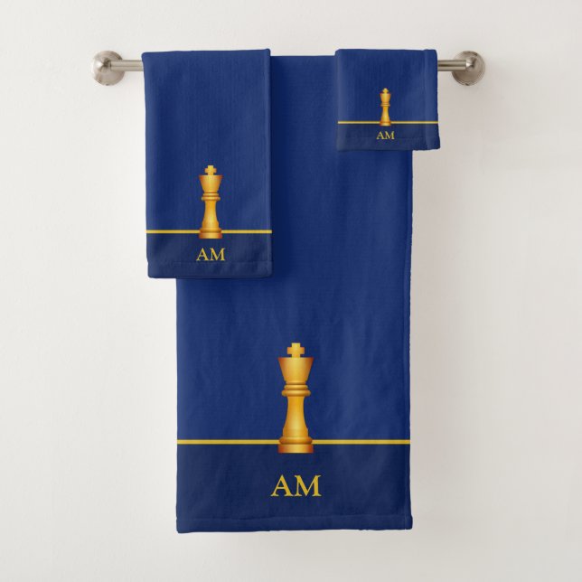 Golden King & Monogram on Navy Blue Bath Towel Set (Insitu)