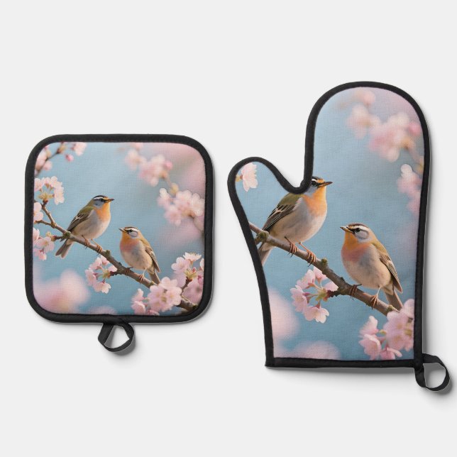 Golden Kinglet Cherry Blossom Spring Oven Mitt & Pot Holder Set (Front)