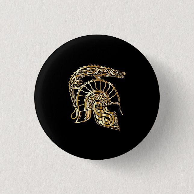 Golden knight armour helmet forge in gold texture 3 cm round badge (Front)