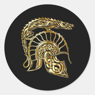 Golden knight armour helmet forge in gold texture classic round sticker