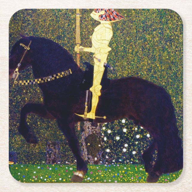 Golden Knight, Gustav Klimt Square Paper Coaster (Front)