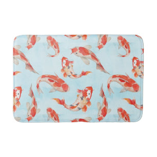 Golden Koi Carp Fish Watercolor on Watery Blue Bath Mat