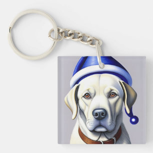 Golden Labrador Dog Wearing Blue Holiday Hat Key Ring