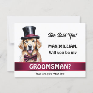 Golden labrador groomsman proposal burgundy tuxedo postcard