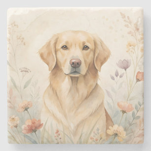 Golden Labrador Retriever Floral Watercolor Stone Coaster